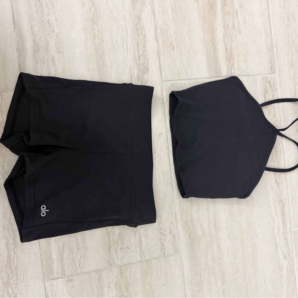 ALO Yoga Black Halter Top and Shorts Set